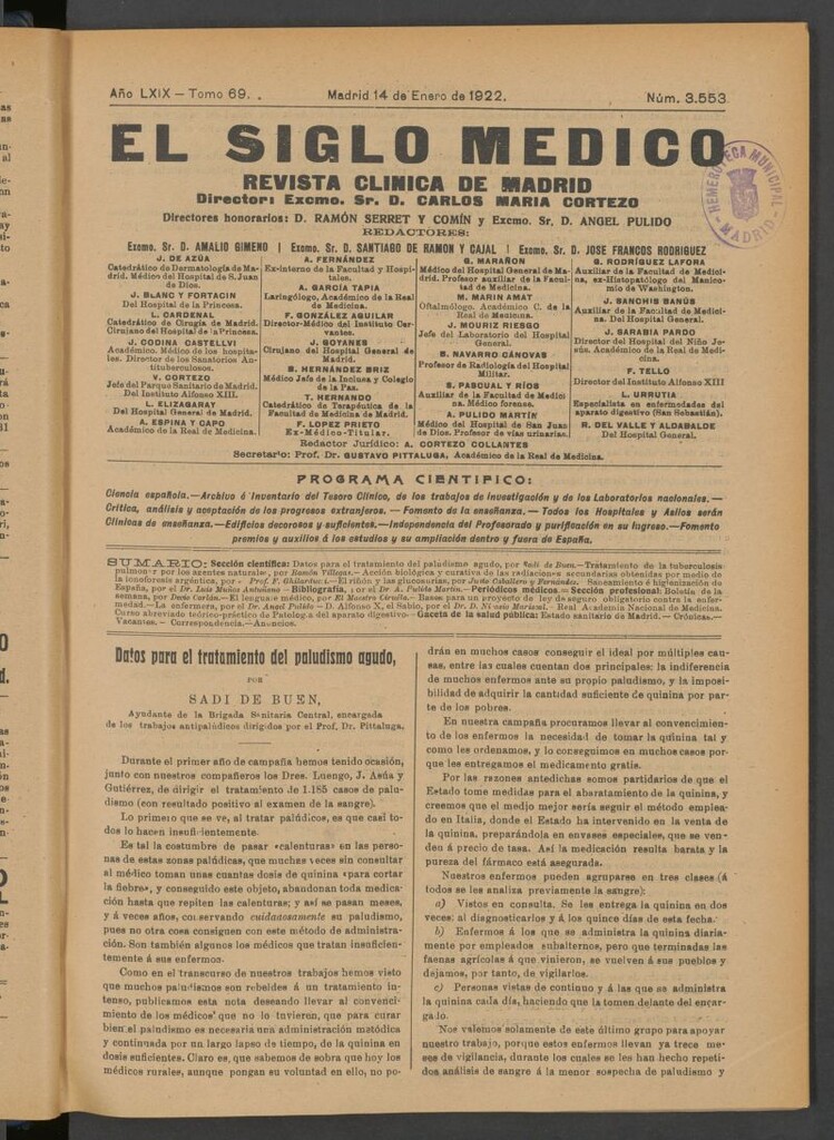 Miniatura de El Siglo Médico : boletín de medicina y gaceta médica del 14 de enero de 1922