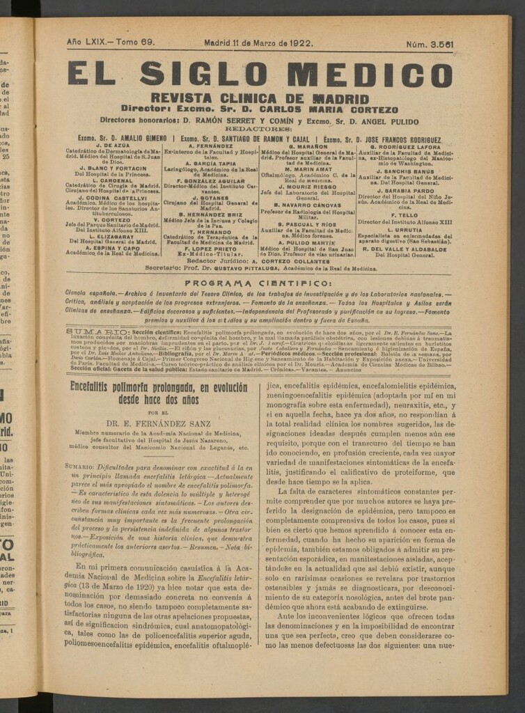 Miniatura de El Siglo Médico : boletín de medicina y gaceta médica del 11 de marzo de 1922