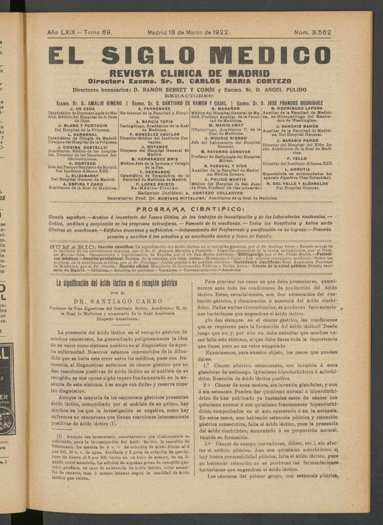 Miniatura de El Siglo Médico : boletín de medicina y gaceta médica del 18 de marzo de 1922