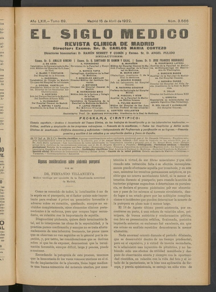 Miniatura de El Siglo Médico : boletín de medicina y gaceta médica del 15 de abril de 1922