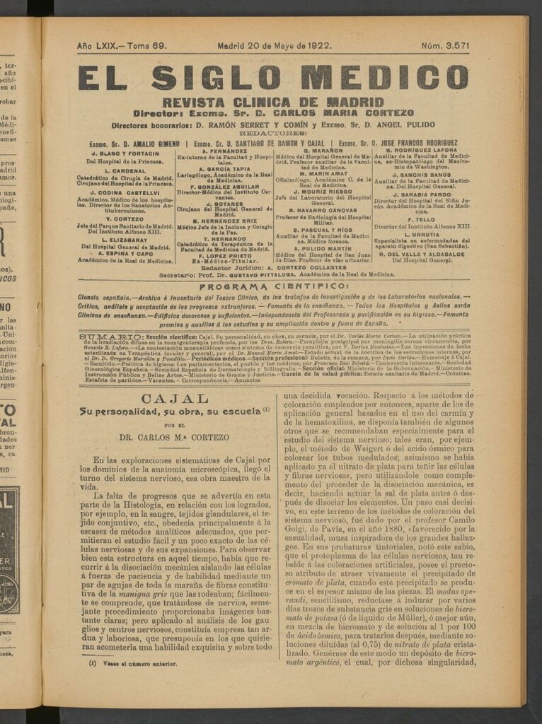 Miniatura de El Siglo Médico : boletín de medicina y gaceta médica del 20 de mayo de 1922
