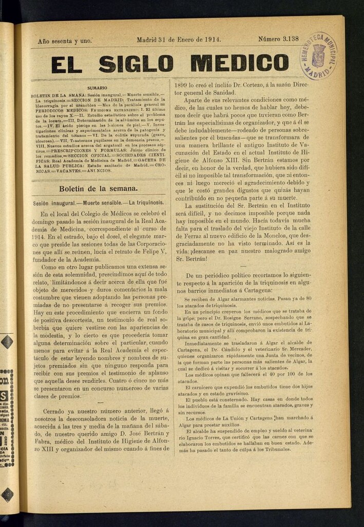 Miniatura de El Siglo Médico  : boletín de medicina y gaceta médica del 31 de enero de 1914