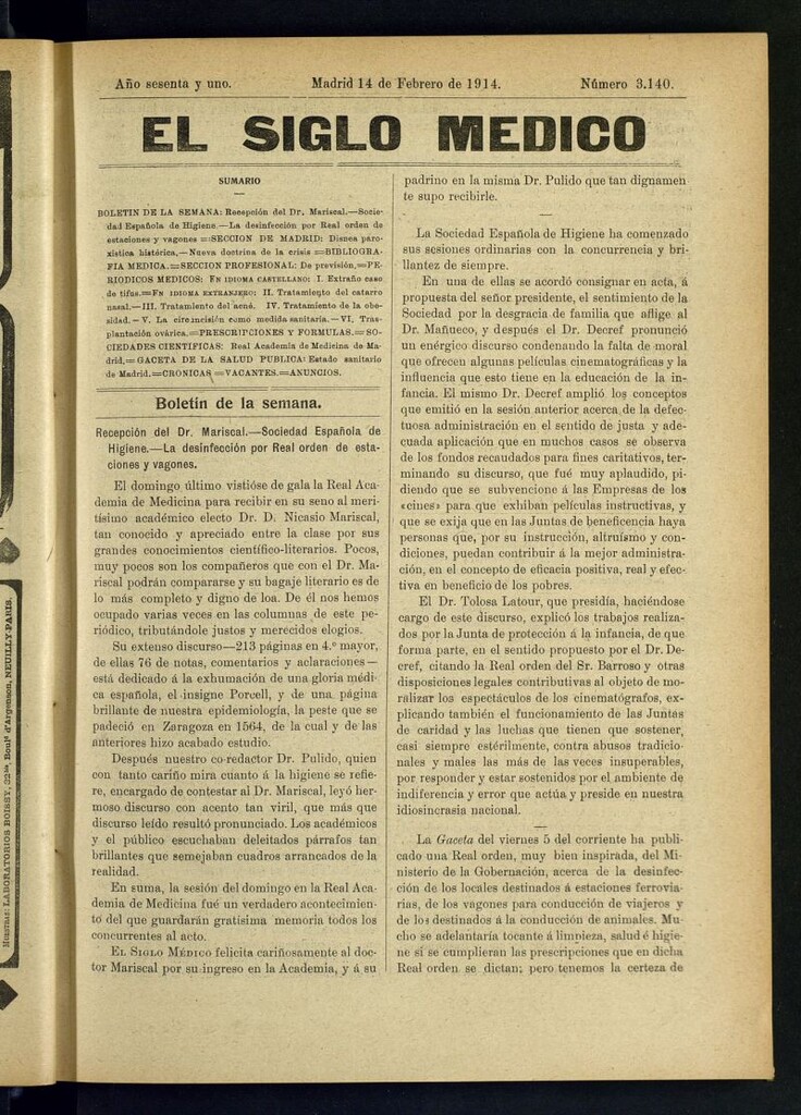 Miniatura de El Siglo Médico  : boletín de medicina y gaceta médica del 14 de febrero de 1914