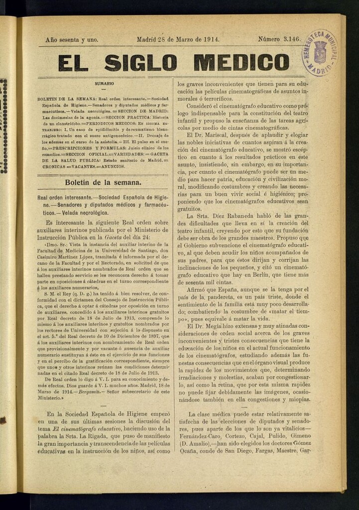 Miniatura de El Siglo Médico  : boletín de medicina y gaceta médica del 28 de marzo de 1914