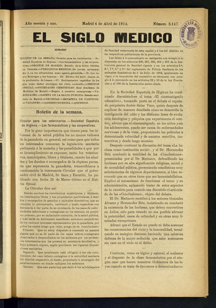 Miniatura de El Siglo Médico  : boletín de medicina y gaceta médica del 4 de abril de 1914