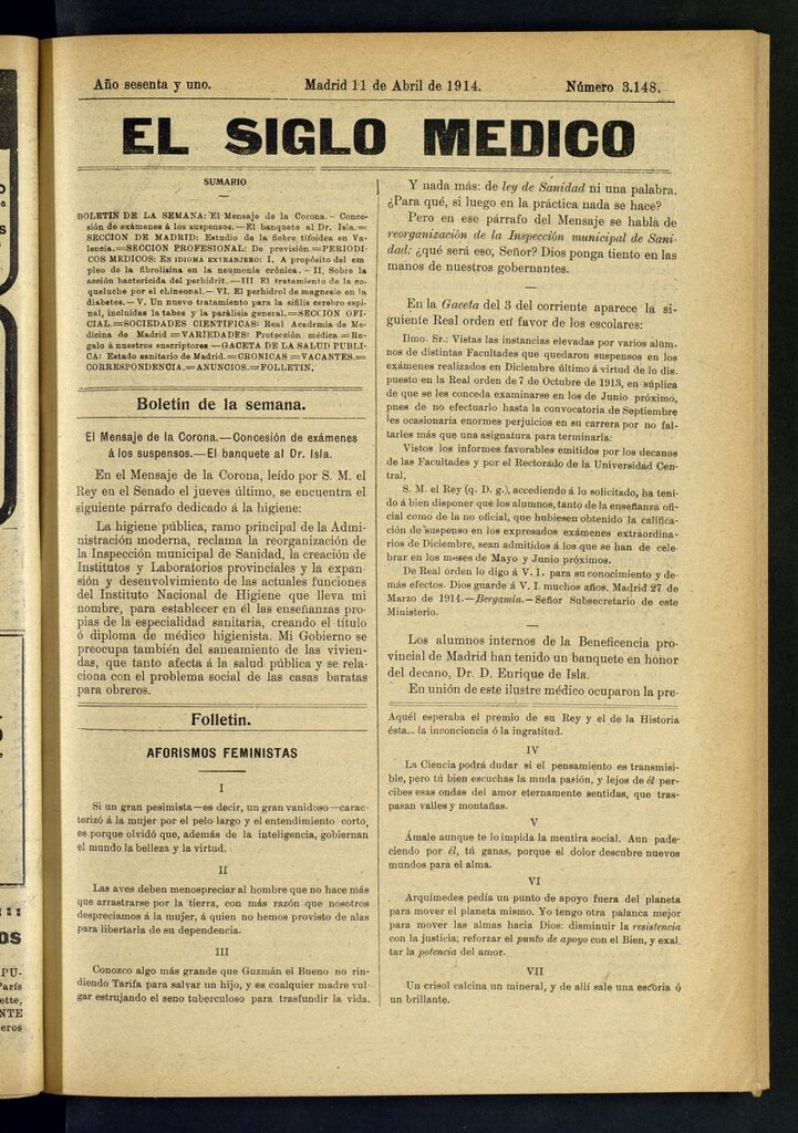 Miniatura de El Siglo Médico  : boletín de medicina y gaceta médica del 11 de abril de 1914