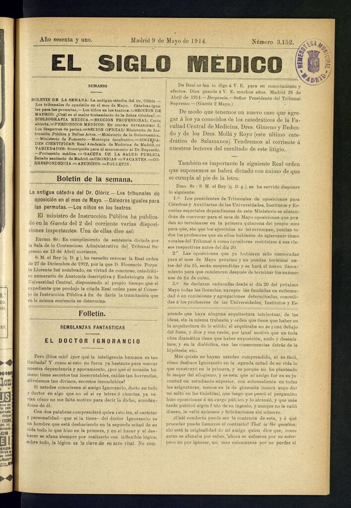 Miniatura de El Siglo Médico  : boletín de medicina y gaceta médica del 9 de mayo de 1914