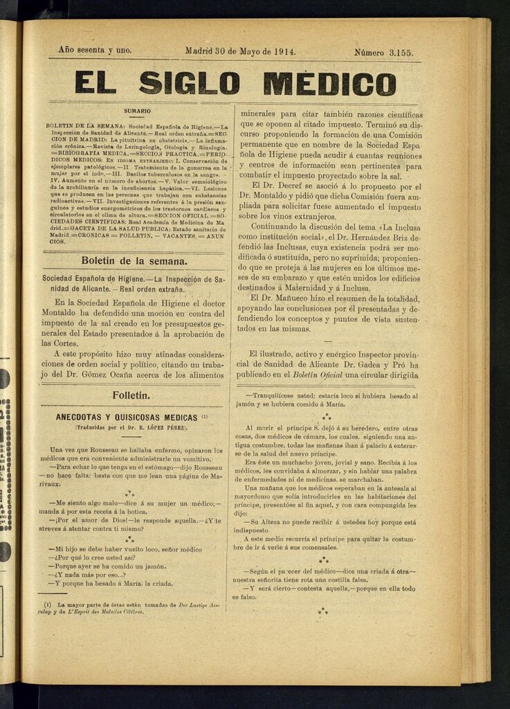 Miniatura de El Siglo Médico  : boletín de medicina y gaceta médica del 30 de mayo de 1914