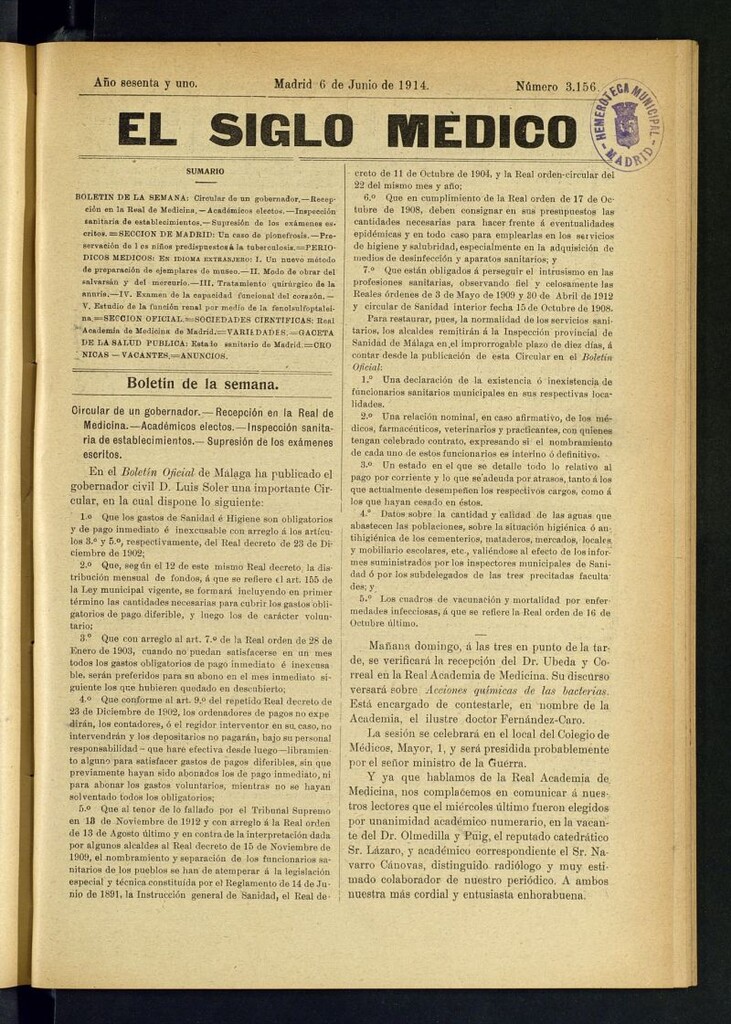Miniatura de El Siglo Médico  : boletín de medicina y gaceta médica del 6 de junio de 1914