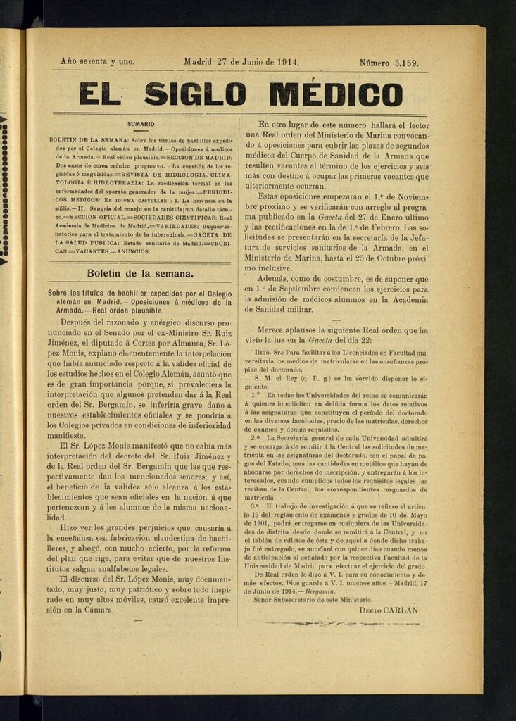 Miniatura de El Siglo Médico  : boletín de medicina y gaceta médica del 27 de junio de 1914