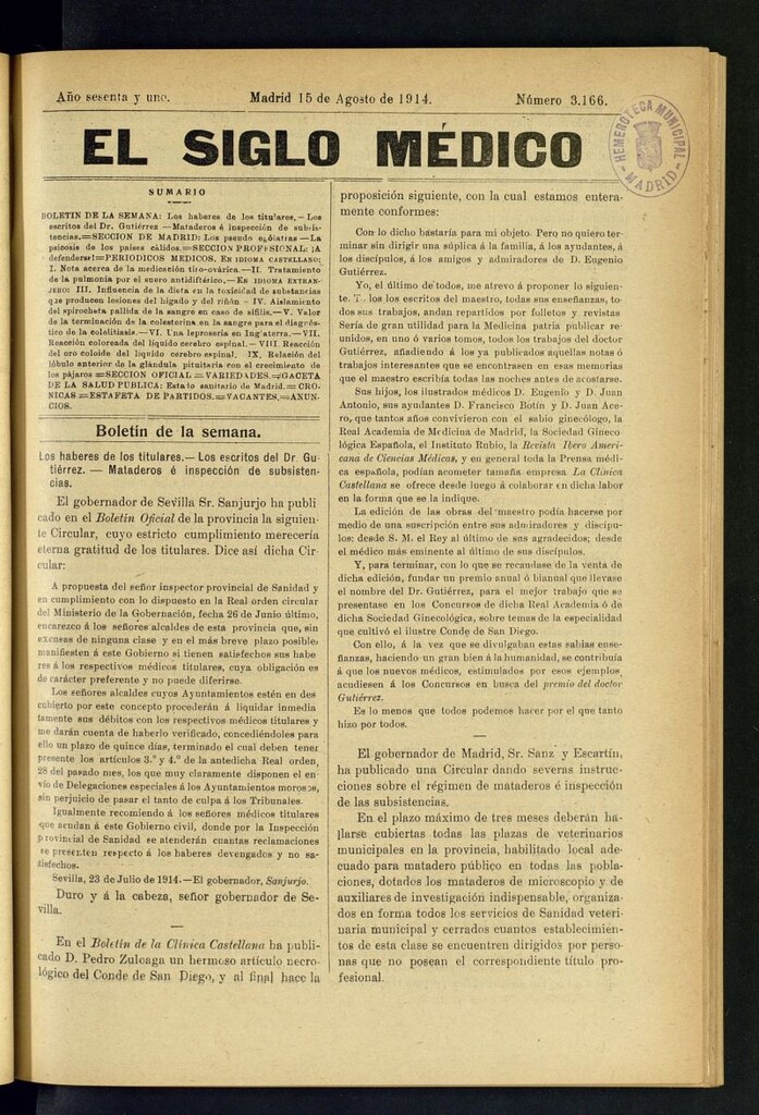 Miniatura de El Siglo Médico : boletín de medicina y gaceta médica del 15 de agosto de 1914