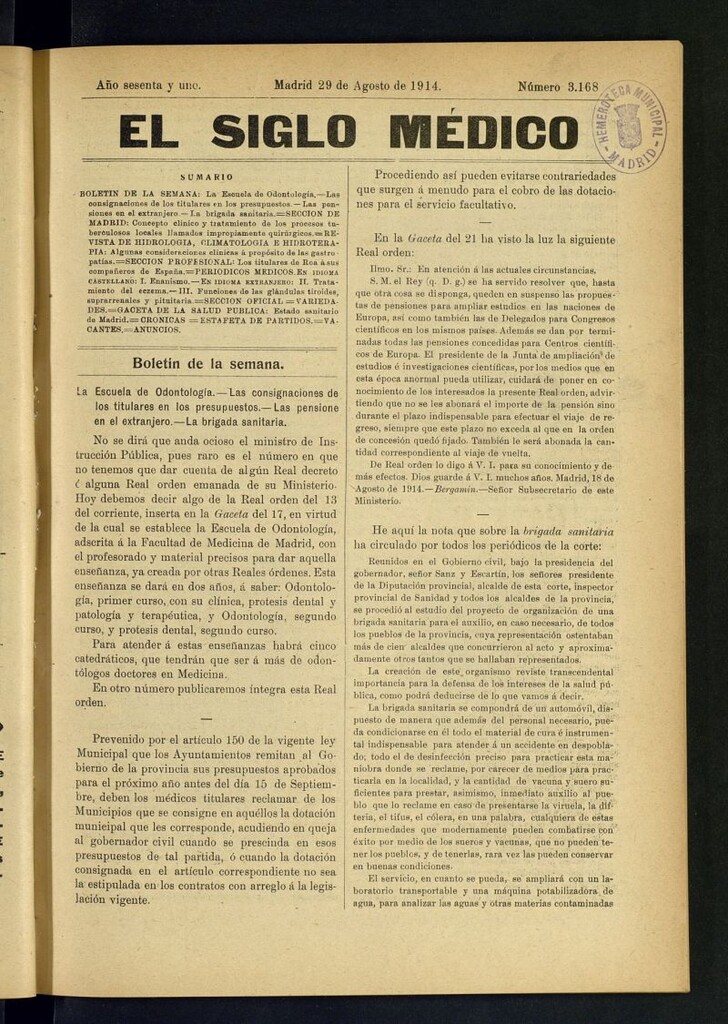 Miniatura de El Siglo Médico : boletín de medicina y gaceta médica del 29 de agosto de 1914