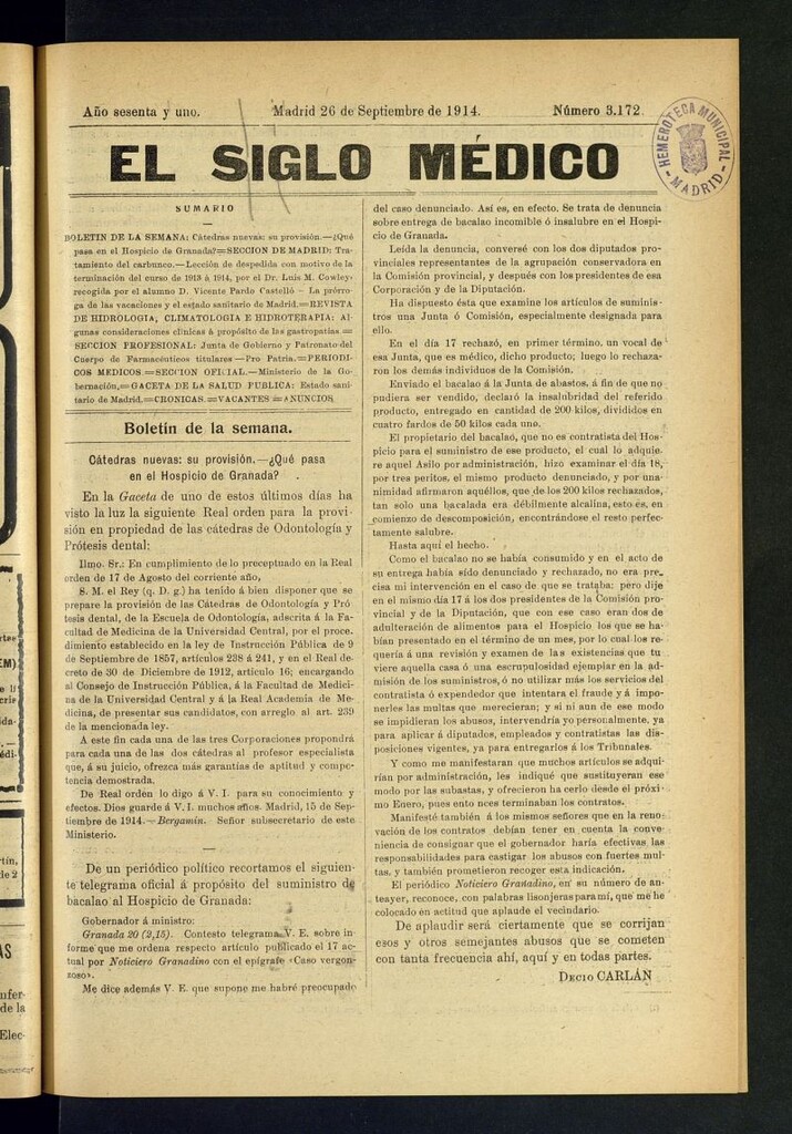 Miniatura de El Siglo Médico : boletín de medicina y gaceta médica del 26 de septiembre de 1914
