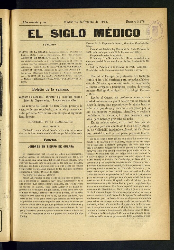 Miniatura de El Siglo Médico : boletín de medicina y gaceta médica del 24 de octubre de 1914