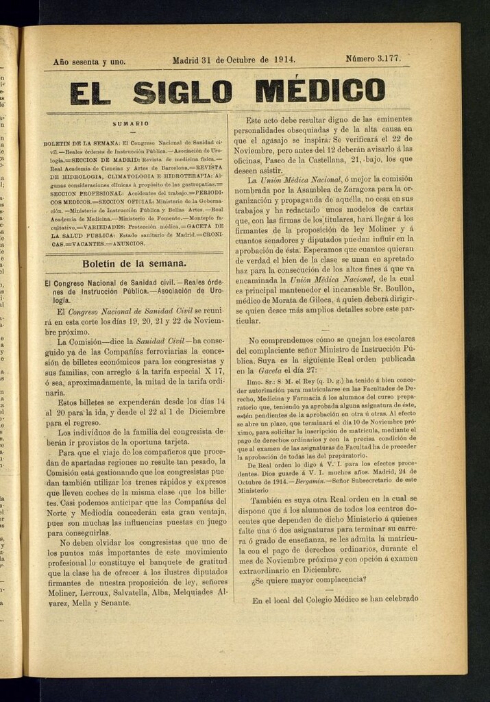 Miniatura de El Siglo Médico : boletín de medicina y gaceta médica del 31 de octubre de 1914