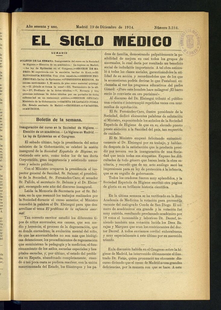 Miniatura de El Siglo Médico : boletín de medicina y gaceta médica del 19 de diciembre de 1914