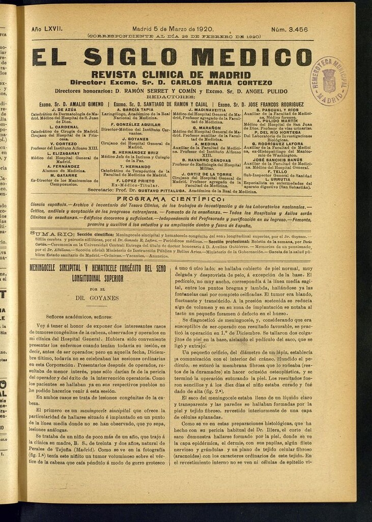 Miniatura de El Siglo Médico: boletín de medicina y gaceta médica del 5 de marzo de 1920