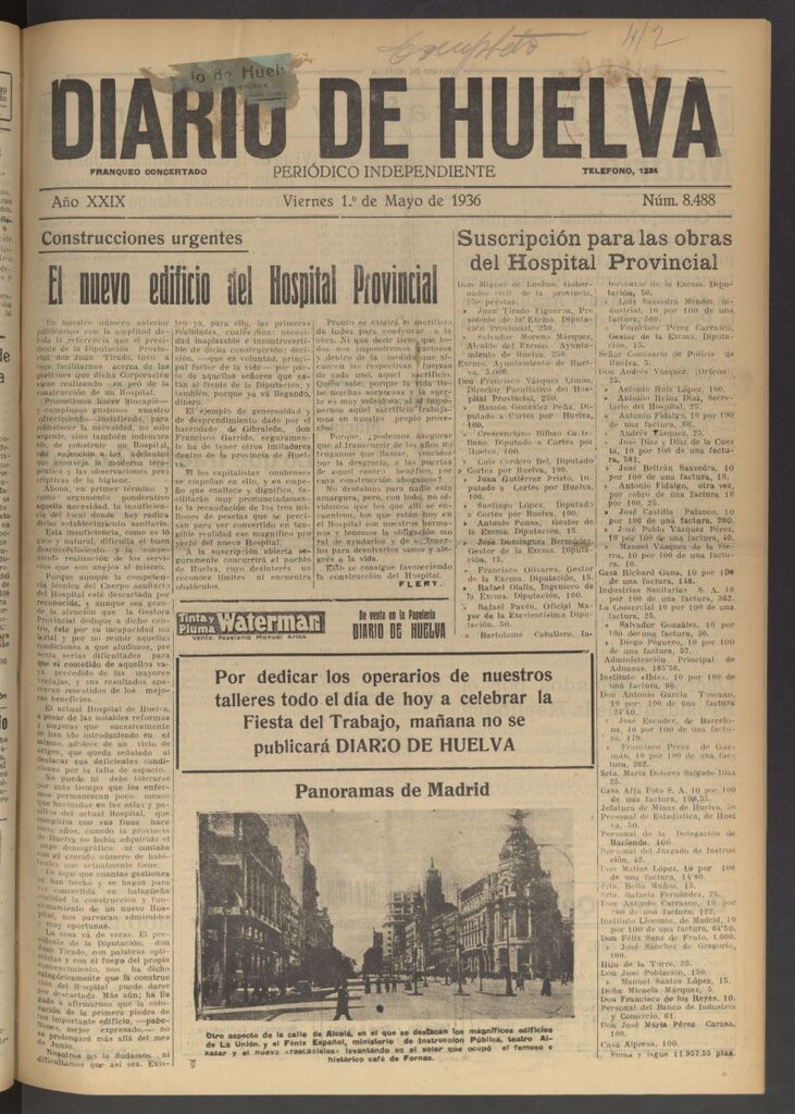 Miniatura de Diario de Huelva : periódico independiente del 1 de mayo de 1936