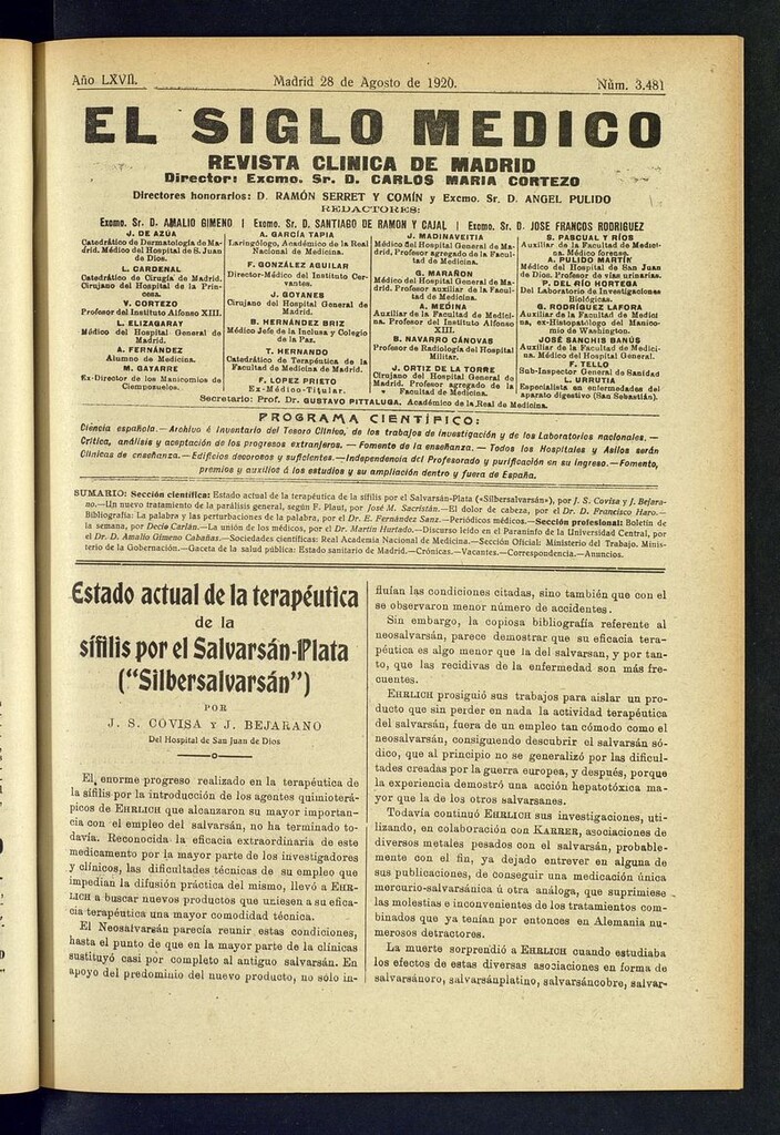 Miniatura de El Siglo Médico: boletín de medicina y gaceta médica del 28 de agosto de 1920