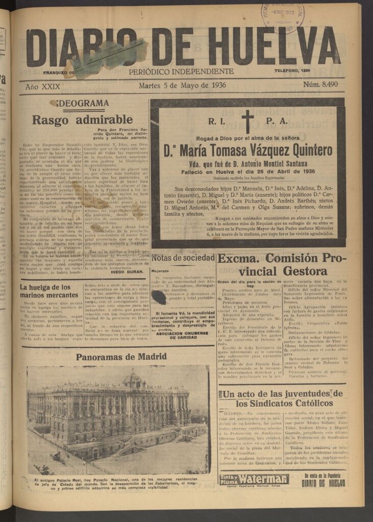Miniatura de Diario de Huelva : periódico independiente del 5 de mayo de 1936