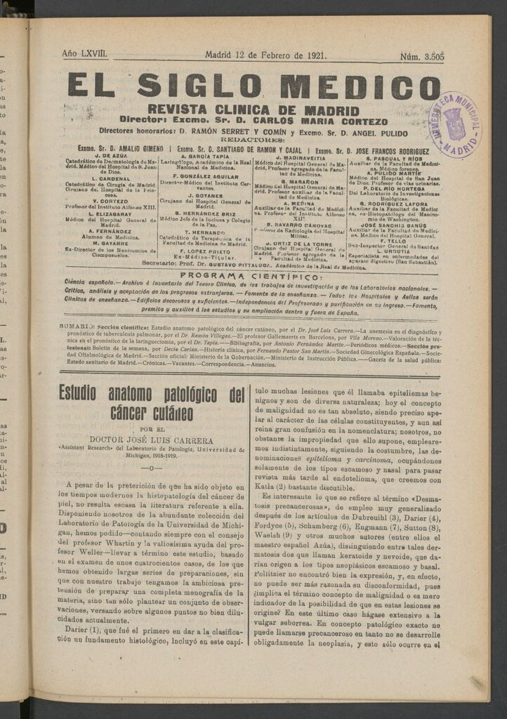 Miniatura de El Siglo Médico : boletín de medicina y gaceta médica del 12 de febrero de 1921