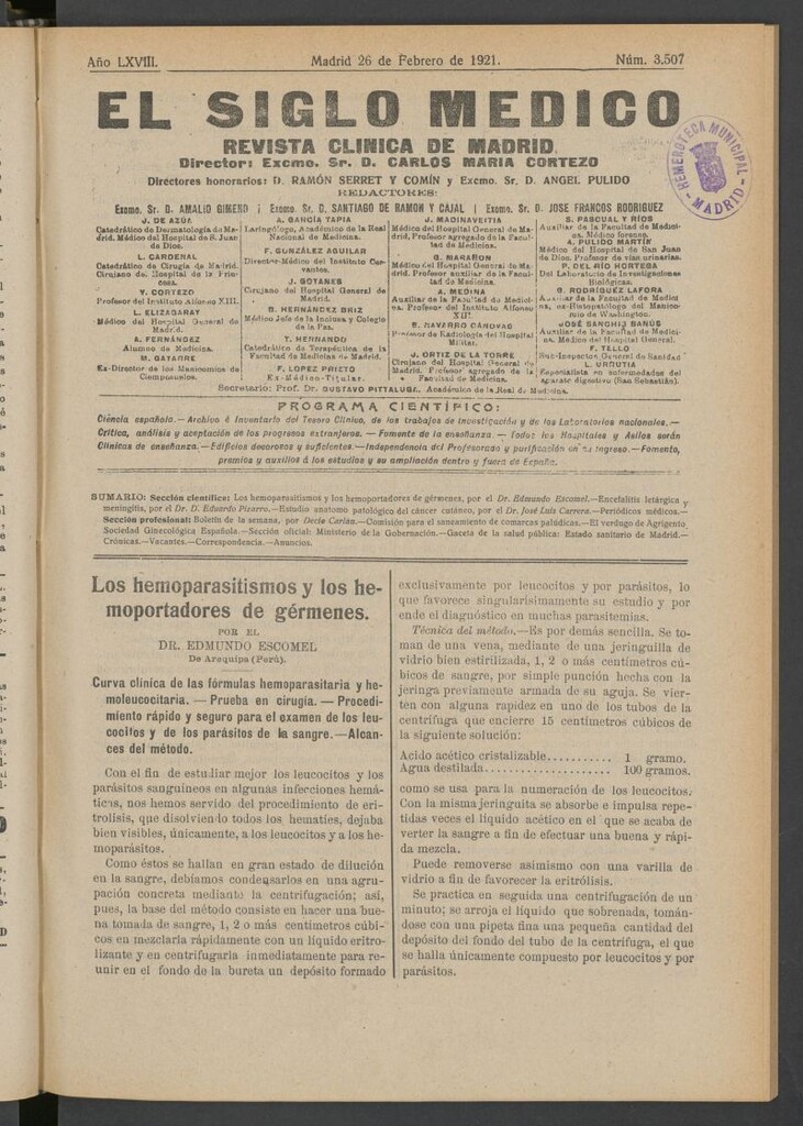 Miniatura de El Siglo Médico : boletín de medicina y gaceta médica del 26 de febrero de 1921