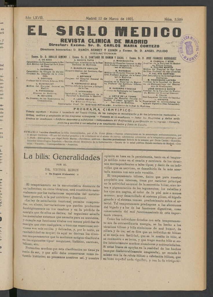 Miniatura de El Siglo Médico : boletín de medicina y gaceta médica del 12 de marzo de 1921