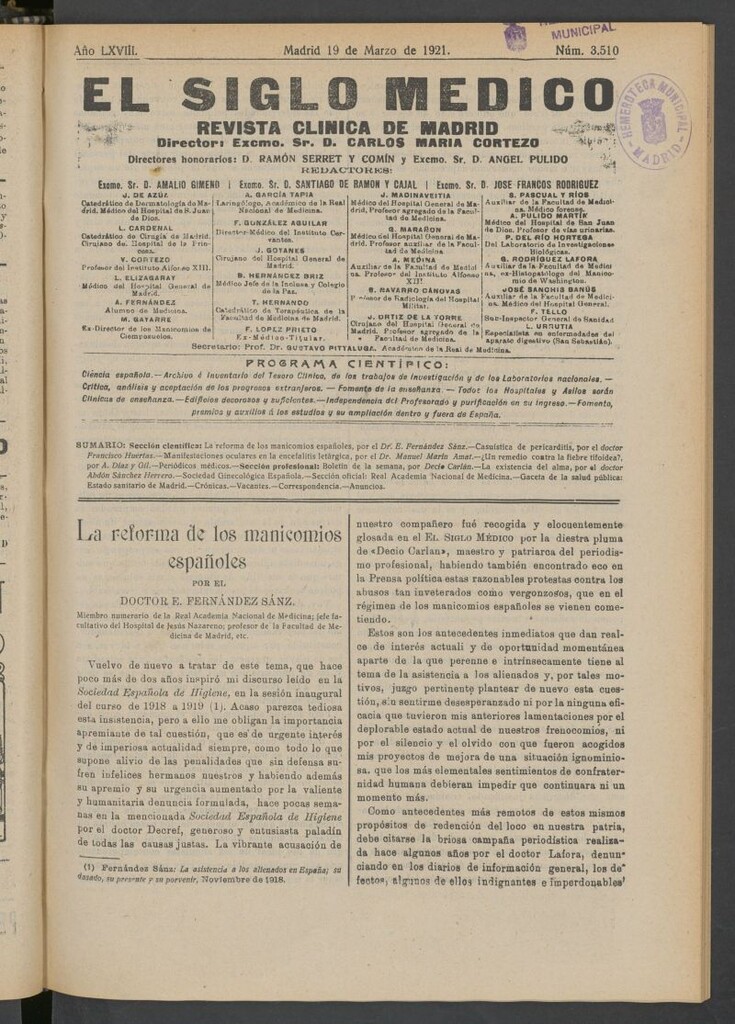 Miniatura de El Siglo Médico : boletín de medicina y gaceta médica del 19 de marzo de 1921