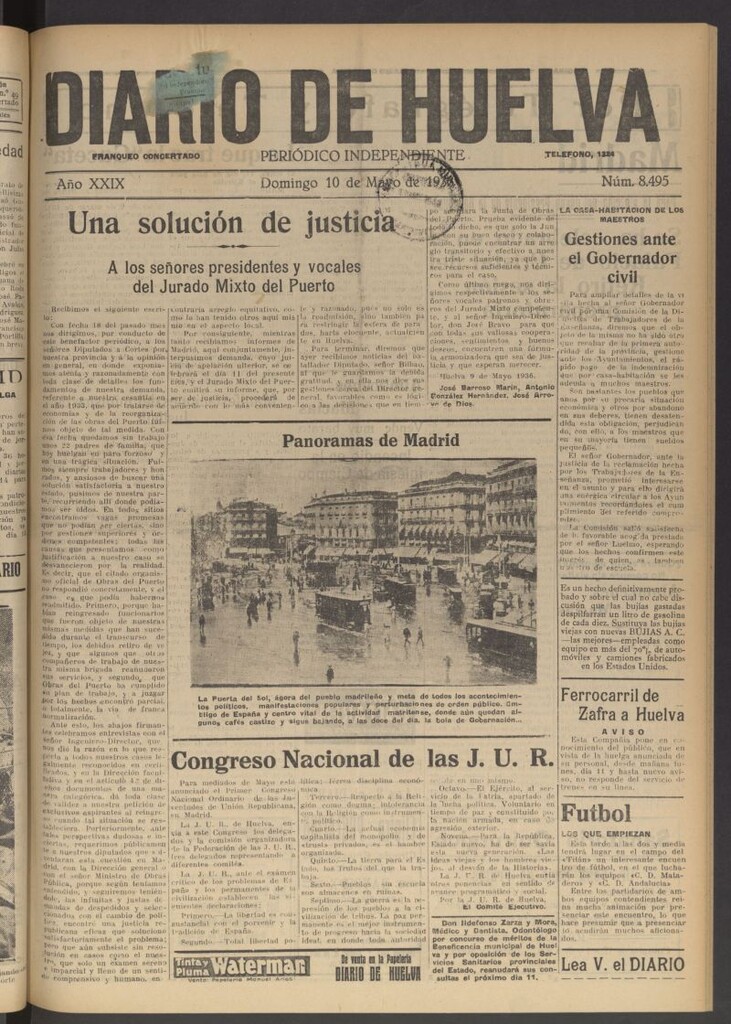 Miniatura de Diario de Huelva : periódico independiente del 10 de mayo de 1936