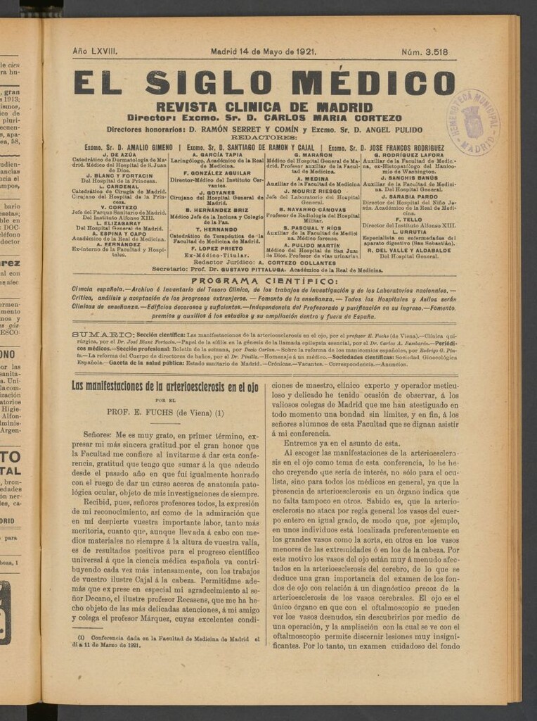 Miniatura de El Siglo Médico : boletín de medicina y gaceta médica del 14 de mayo de 1921
