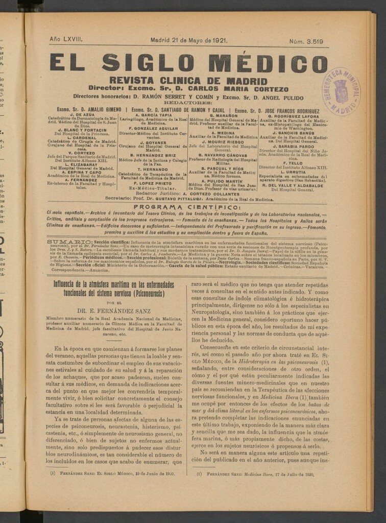 Miniatura de El Siglo Médico : boletín de medicina y gaceta médica del 21 de mayo de 1921