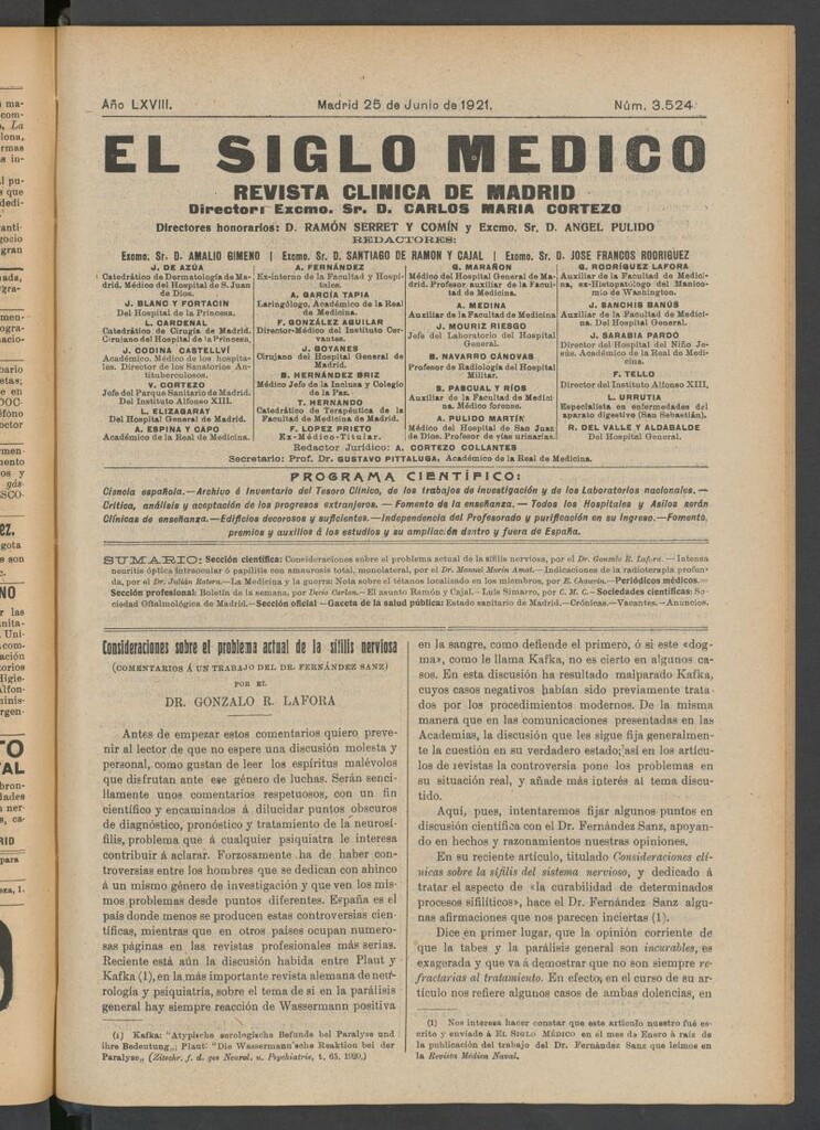Miniatura de El Siglo Médico : boletín de medicina y gaceta médica del 25 de junio de 1921