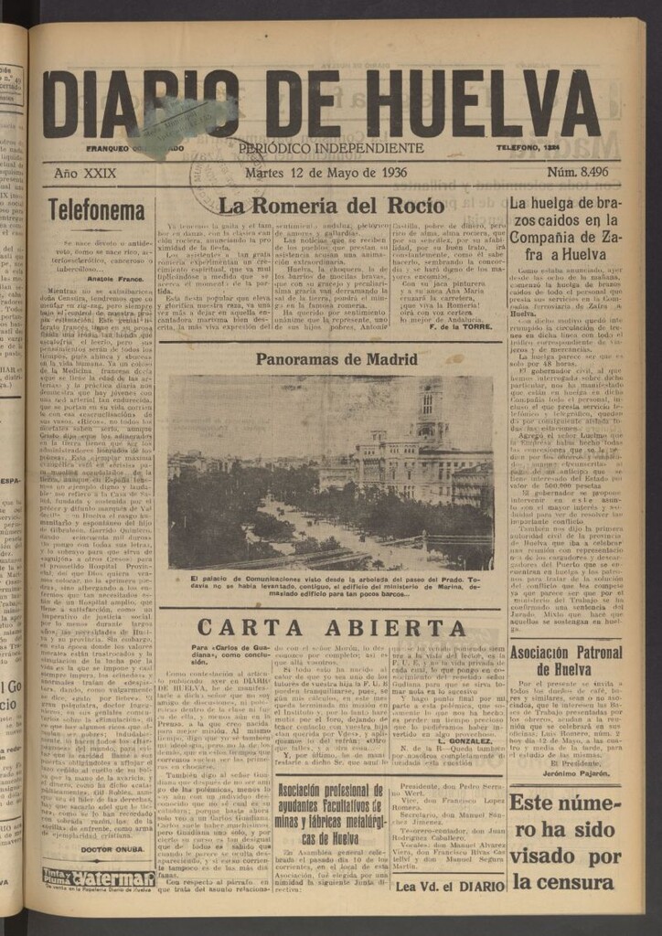 Miniatura de Diario de Huelva : periódico independiente del 12 de mayo de 1936