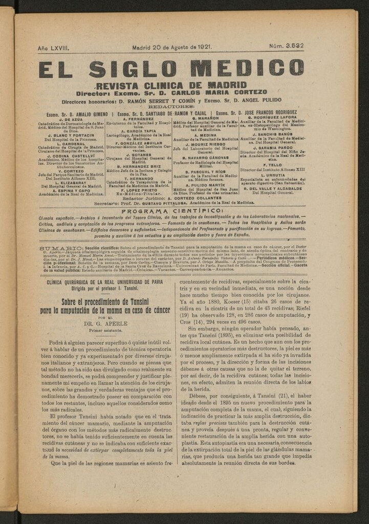 Miniatura de El Siglo Médico : boletín de medicina y gaceta médica del 20 de agosto de 1921