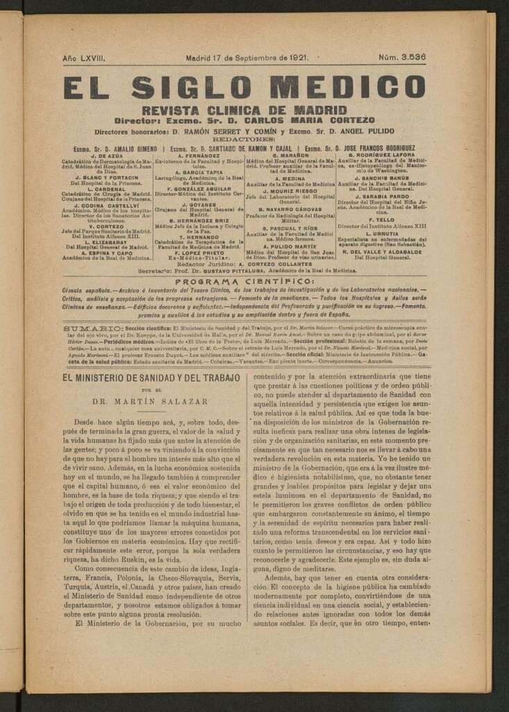 Miniatura de El Siglo Médico : boletín de medicina y gaceta médica del 17 de septiembre de 1921