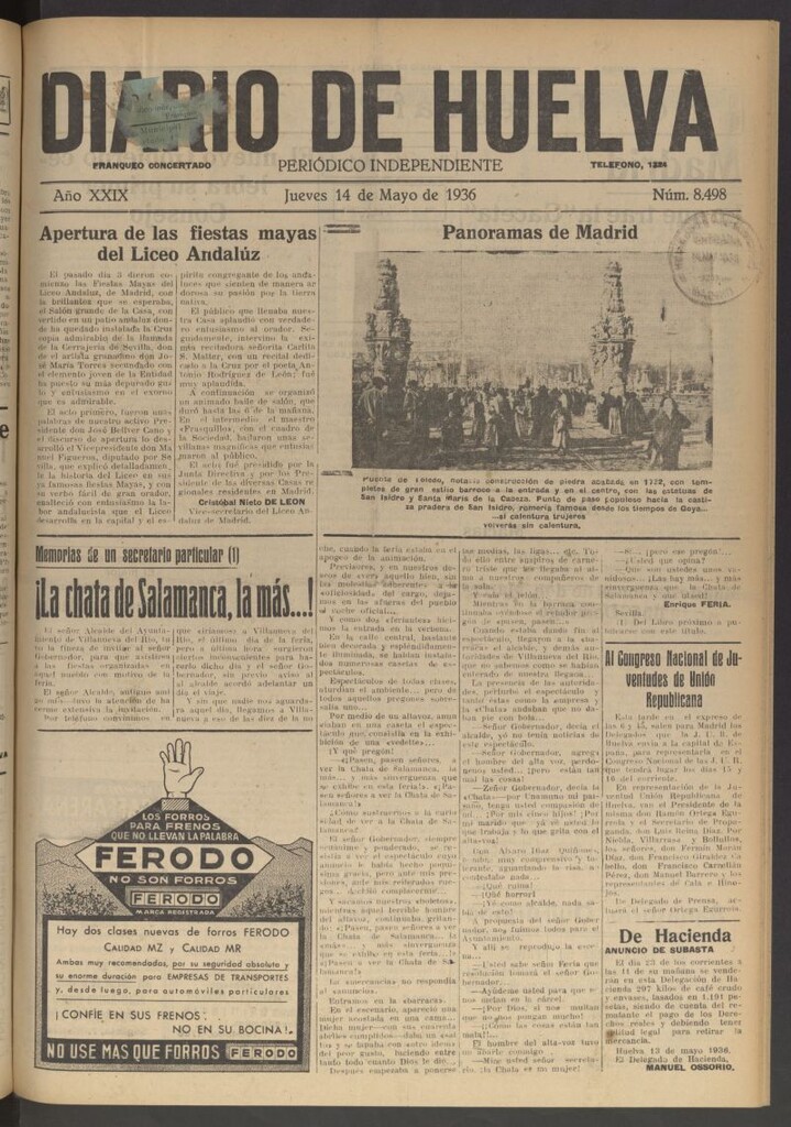 Miniatura de Diario de Huelva : periódico independiente del 14 de mayo de 1936