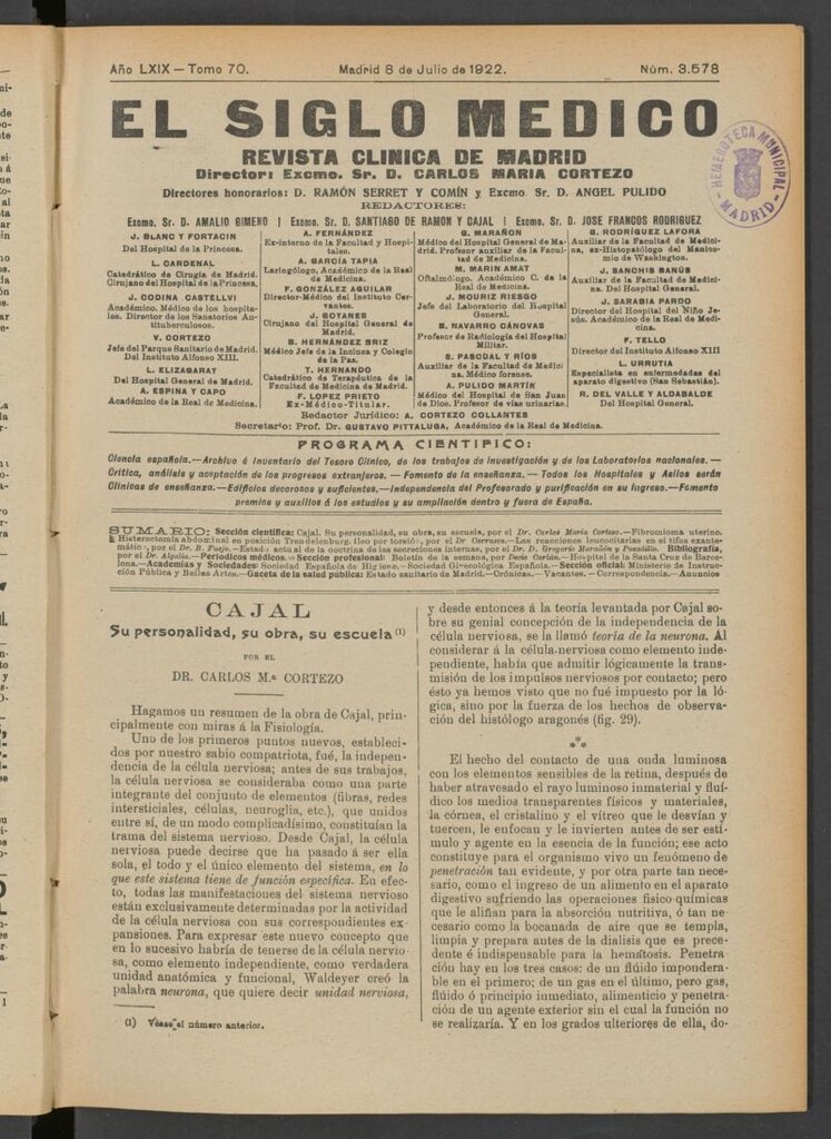 Miniatura de El Siglo Médico  : boletín de medicina y gaceta médica del 8 de julio de 1922