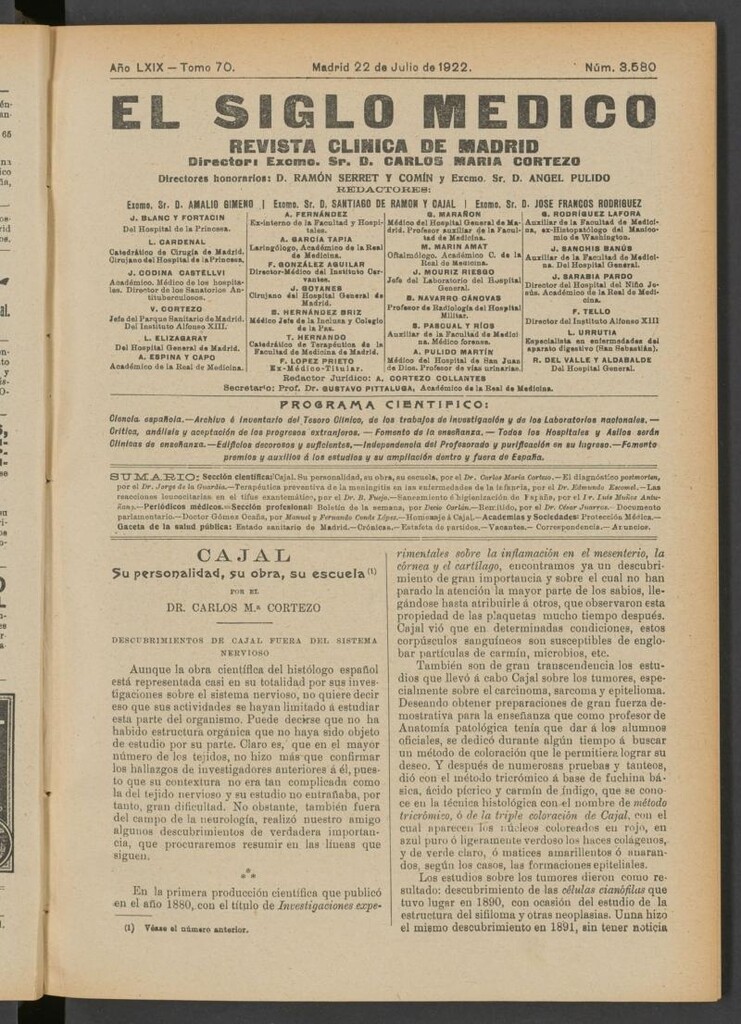 Miniatura de El Siglo Médico  : boletín de medicina y gaceta médica del 22 de julio de 1922