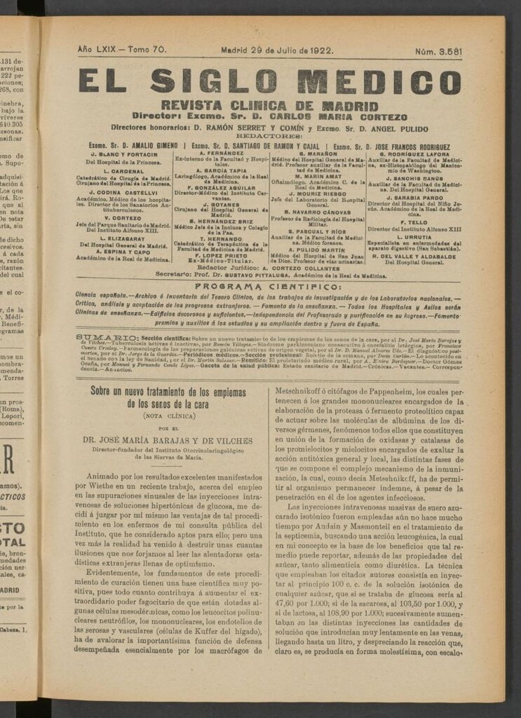 Miniatura de El Siglo Médico  : boletín de medicina y gaceta médica del 29 de julio de 1922