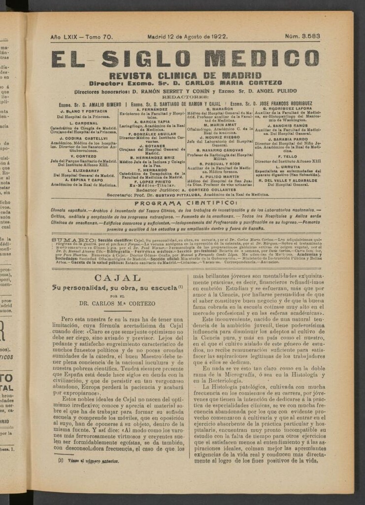 Miniatura de El Siglo Médico  : boletín de medicina y gaceta médica del 12 de agosto de 1922