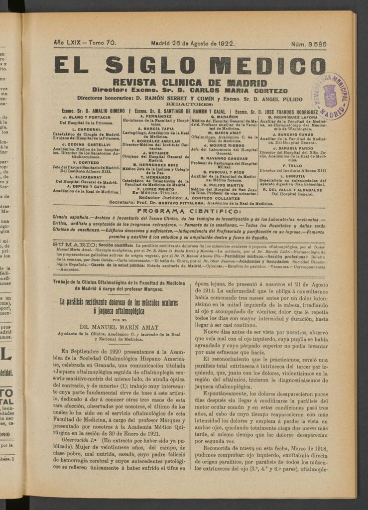 Miniatura de El Siglo Médico  : boletín de medicina y gaceta médica del 26 de agosto de 1922