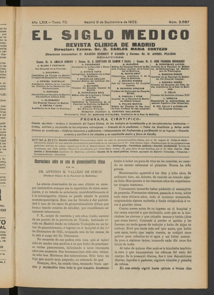 Miniatura de El Siglo Médico  : boletín de medicina y gaceta médica del 9 de septiembre de 1922
