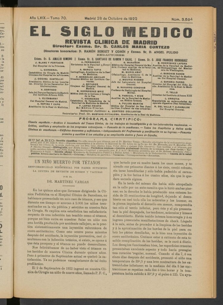 Miniatura de El Siglo Médico  : boletín de medicina y gaceta médica del 28 de octubre de 1922