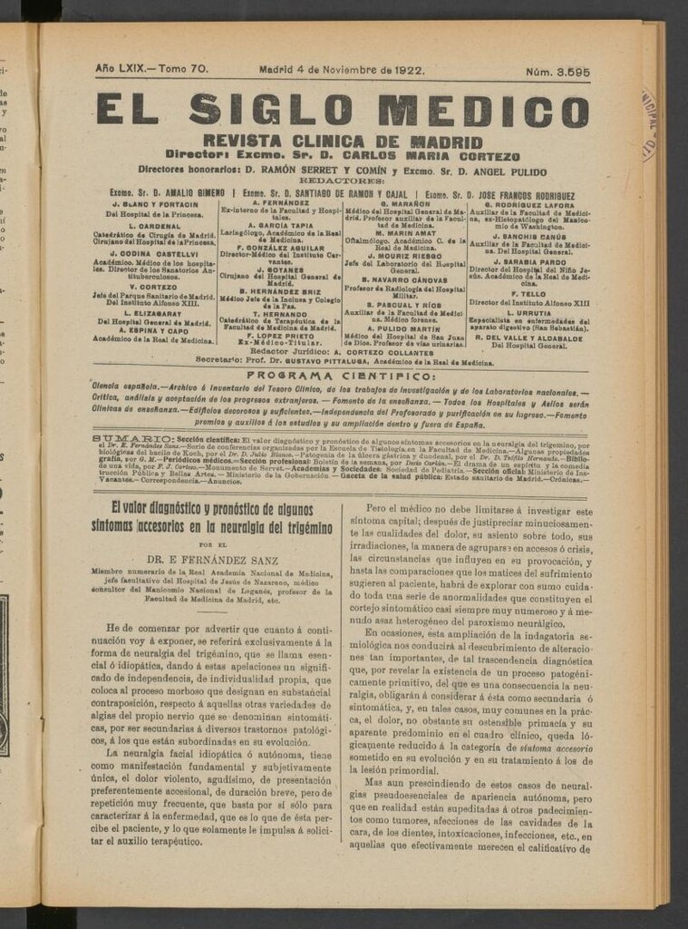 Miniatura de El Siglo Médico  : boletín de medicina y gaceta médica del 4 de noviembre de 1922