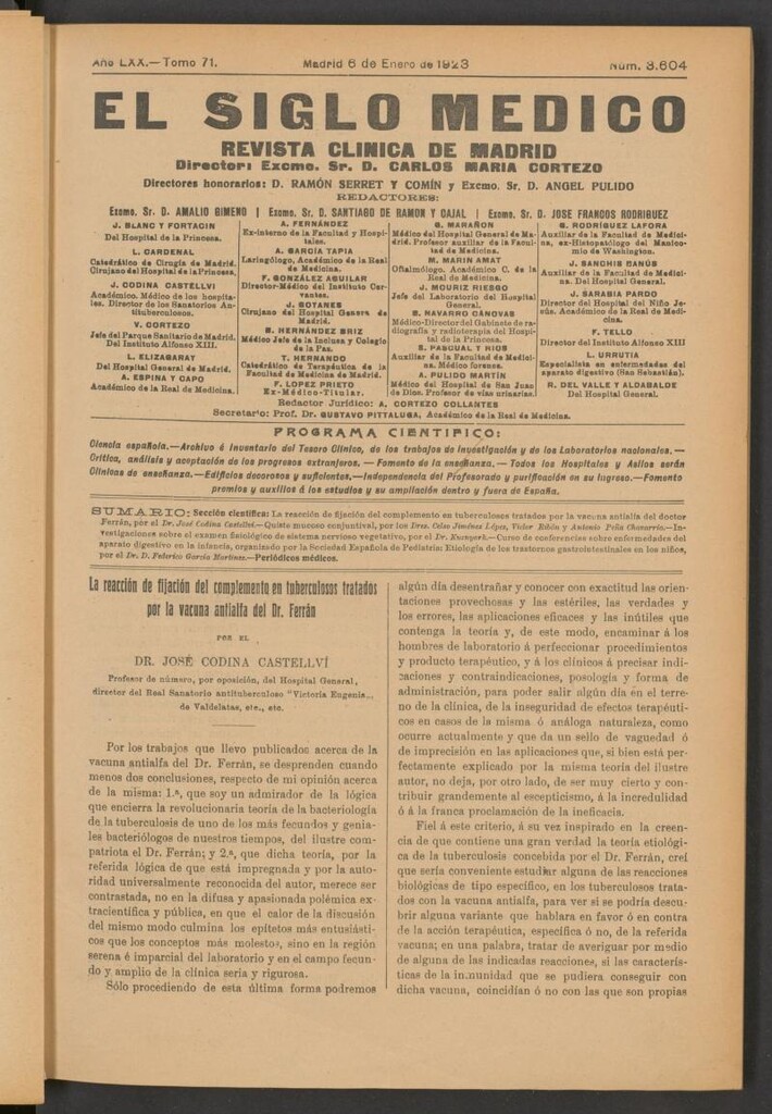 Miniatura de El Siglo Médico : boletín de medicina y gaceta médica del 6 de enero de 1923
