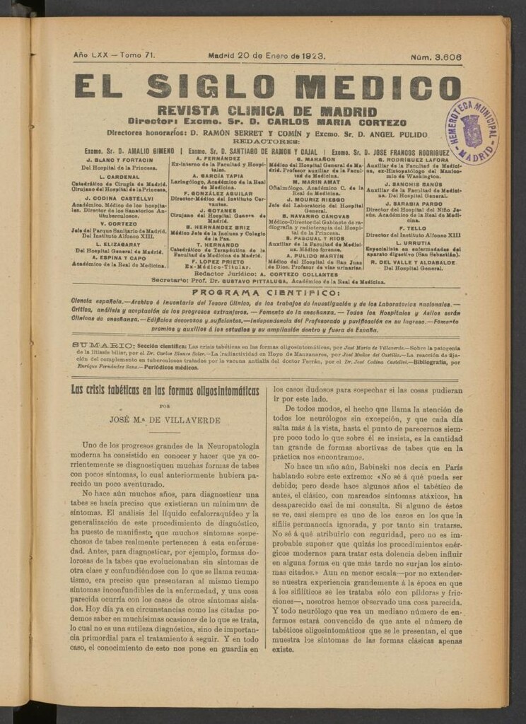 Miniatura de El Siglo Médico : boletín de medicina y gaceta médica del 20 de enero de 1923