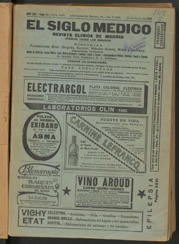 Miniatura de El Siglo Médico : boletín de medicina y gaceta médica del 14 de julio de 1923
