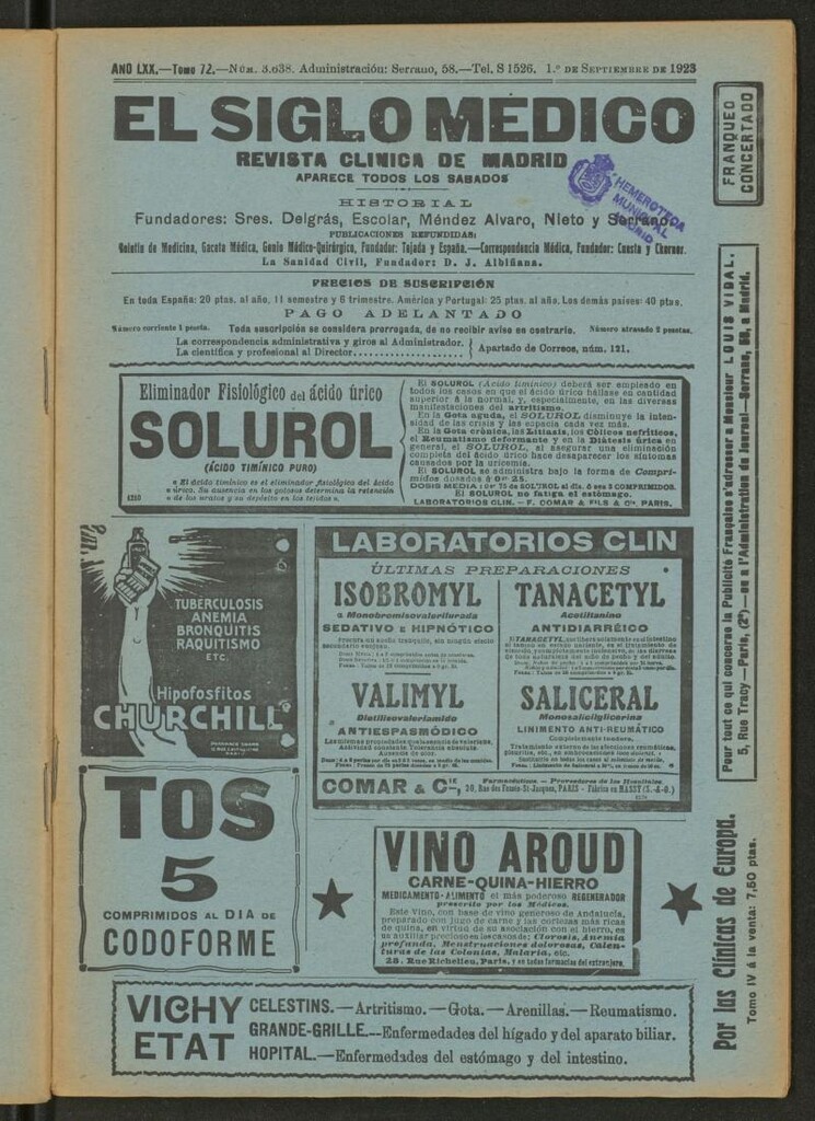 Miniatura de El Siglo Médico : boletín de medicina y gaceta médica del 1 de septiembre de 1923