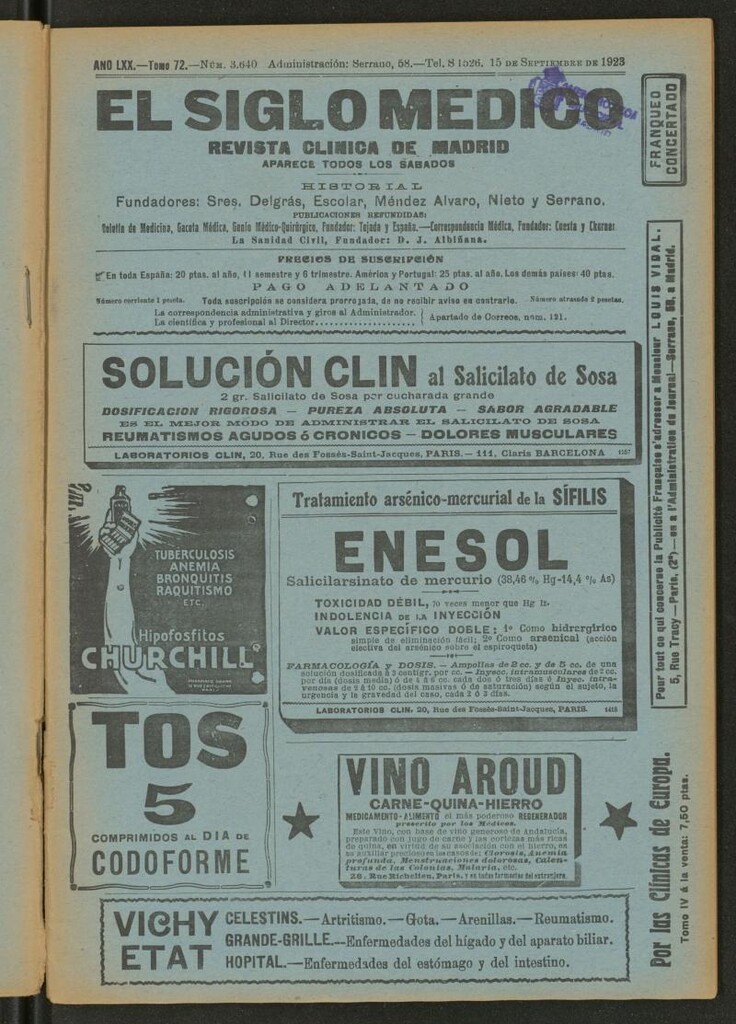 Miniatura de El Siglo Médico : boletín de medicina y gaceta médica del 15 de septiembre de 1923