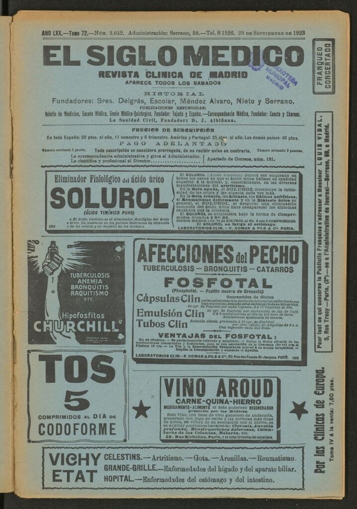 Miniatura de El Siglo Médico : boletín de medicina y gaceta médica del 29 de septiembre de 1923